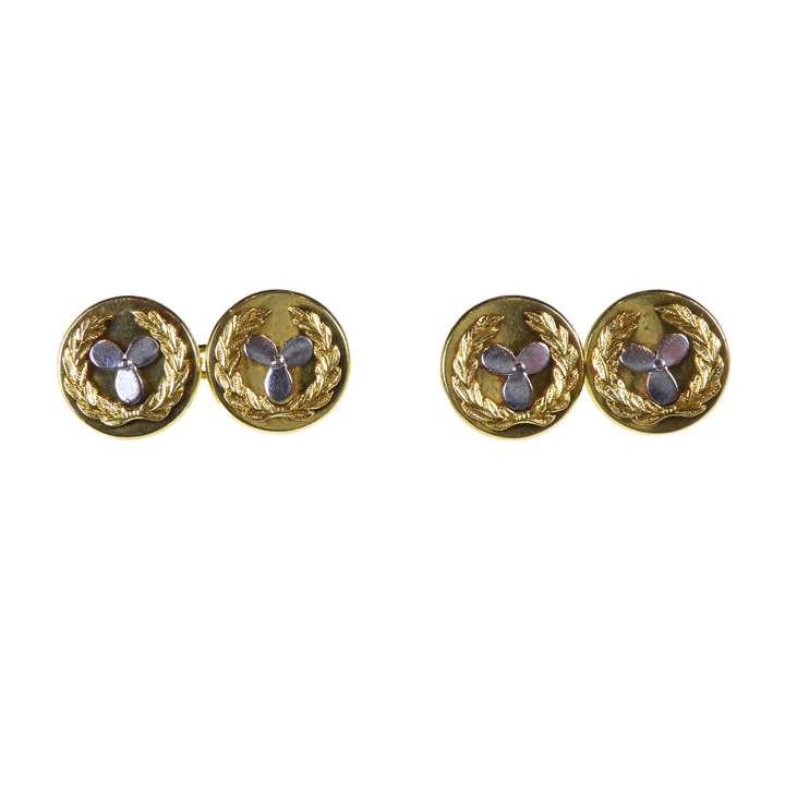 Pair of 18ct gold and platinum cufflinks with propeller and wreath logo for the Royal Navy Engine Room Branch